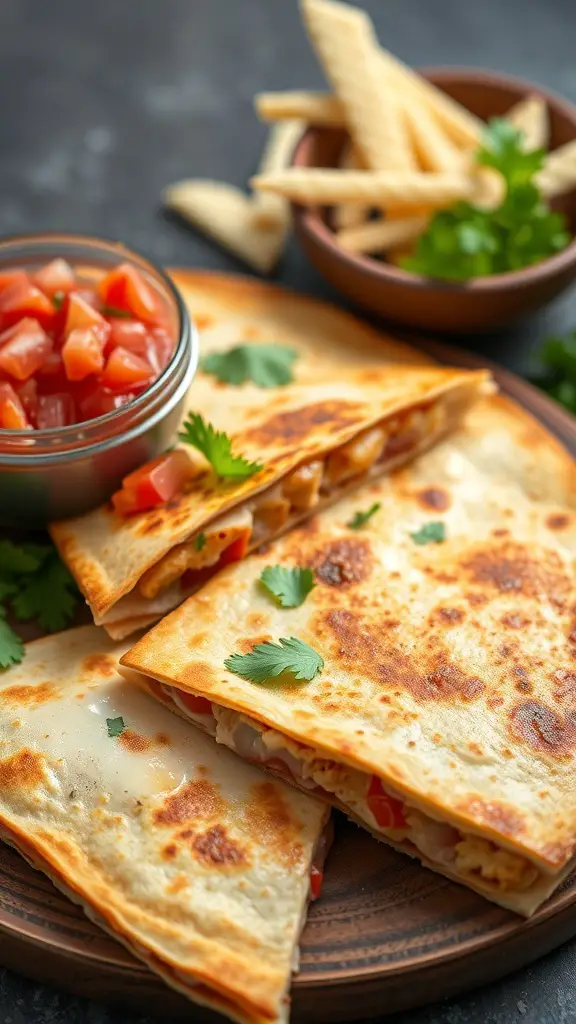 Golden-brown chicken quesadillas with salsa and cilantro on a wooden plate