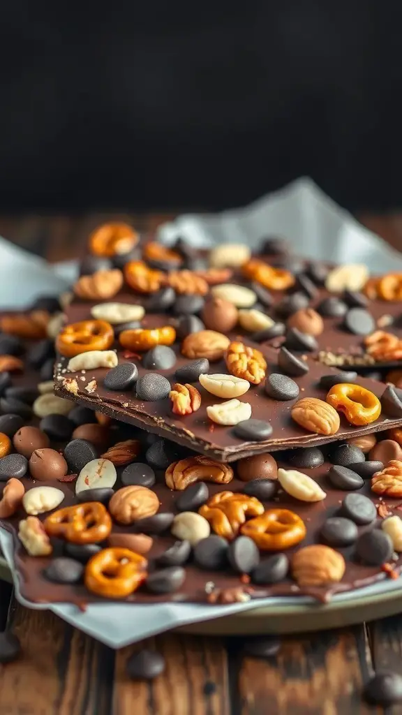 Nutty Chocolate Pretzel Bark with nuts and pretzels on top