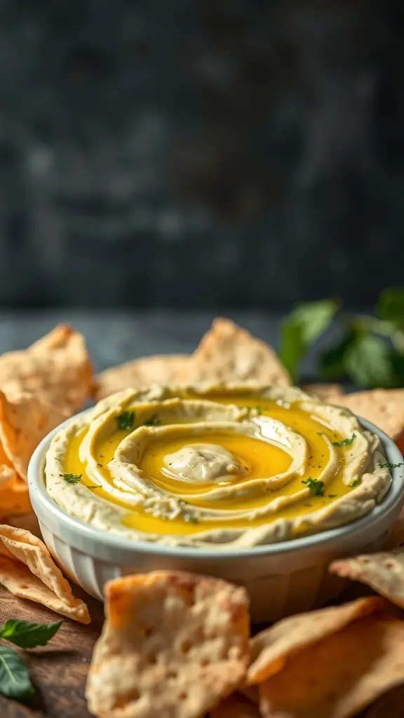 A bowl of creamy avocado hummus drizzled with olive oil, surrounded by crispy pita chips.