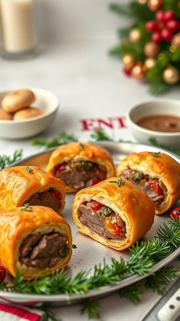Mini Beef Wellingtons on a festive plate with holiday decorations