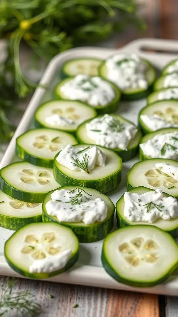 A platter of cucumber slices topped with herbed cream cheese, garnished with dill.