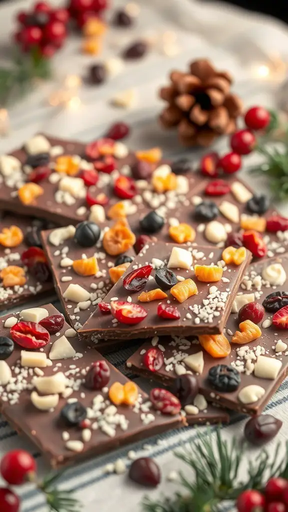 Milk chocolate bark topped with dried fruits and nuts, arranged on a festive background.
