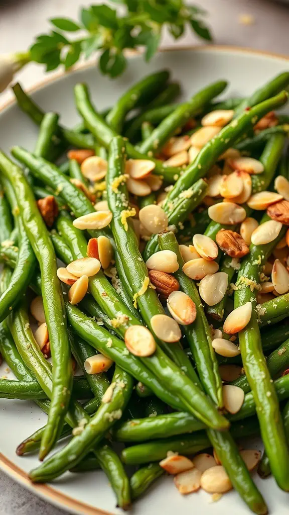 A plate of green beans almondine topped with sliced almonds and garnished with lemon zest.