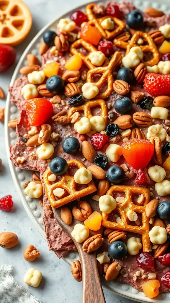 A colorful platter of Fruit and Nut Pretzel Bark topped with pretzels, nuts, and dried fruits.