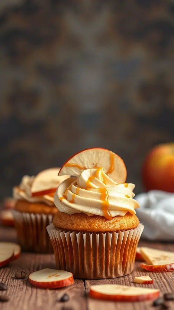 Spiced apple cider cupcakes with frosting and apple slices on top