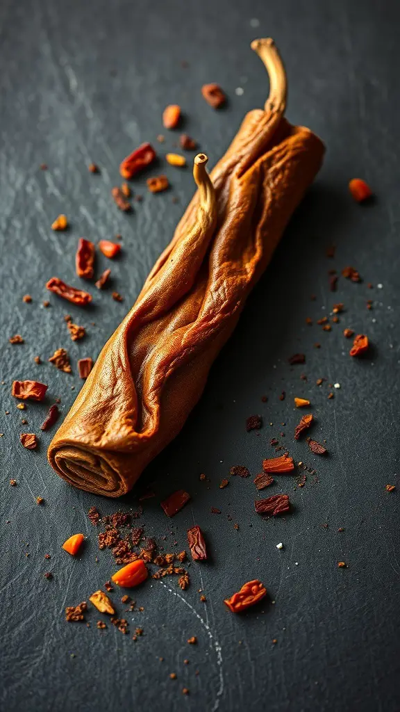 A piece of cinnamon bark with chili flakes scattered around it on a dark surface.