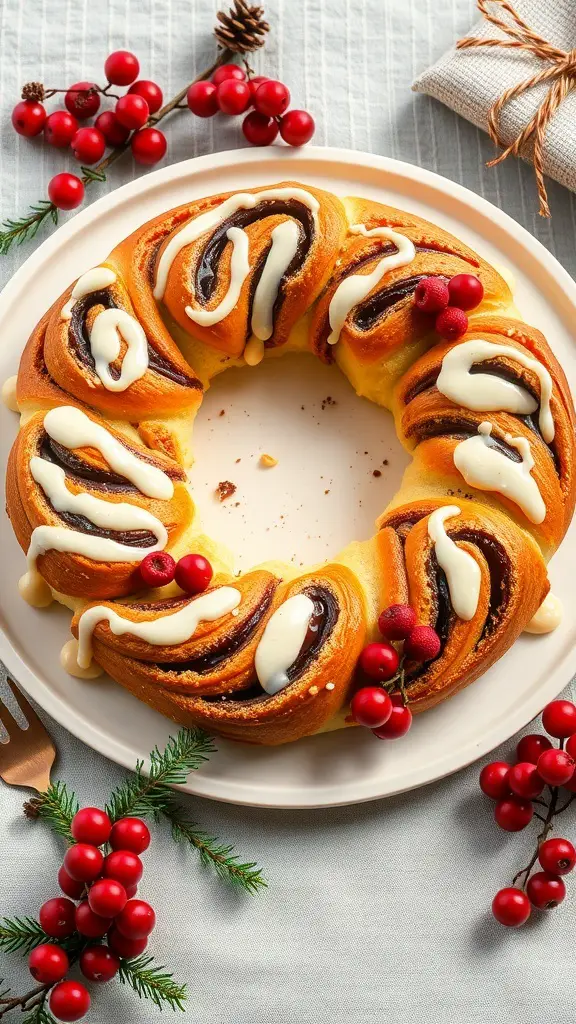 A cinnamon roll wreath decorated with icing and red berries on a plate.