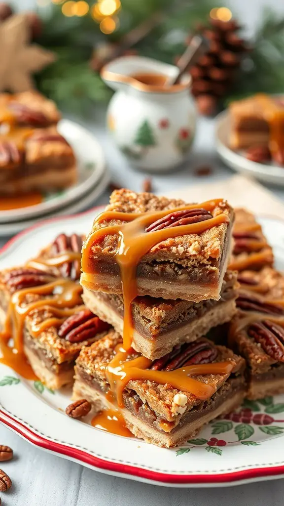 A stack of pecan pie bars drizzled with caramel and topped with pecans, surrounded by holiday decorations.