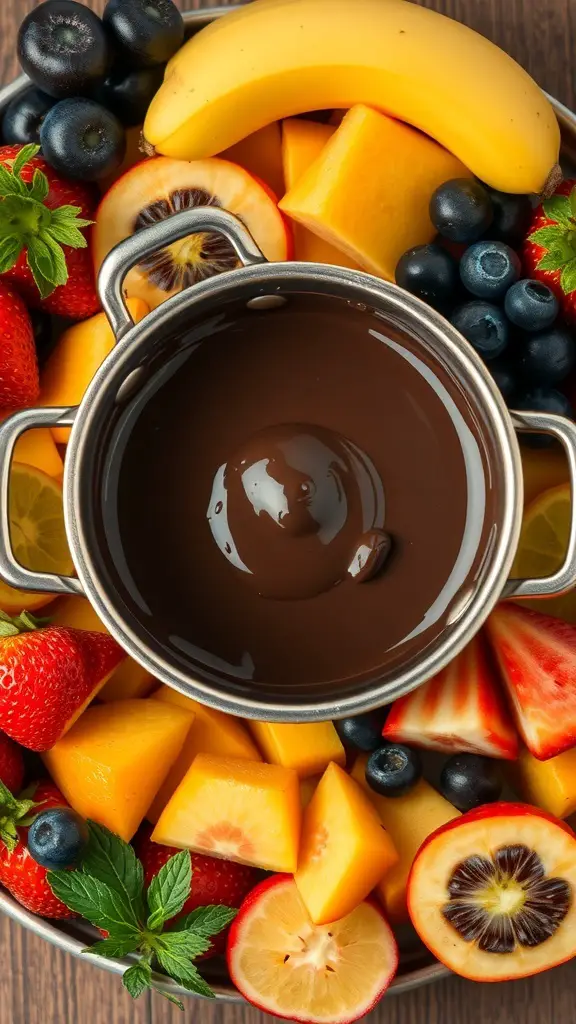 A pot of dark chocolate surrounded by a variety of fresh fruits including strawberries, bananas, and mangoes.