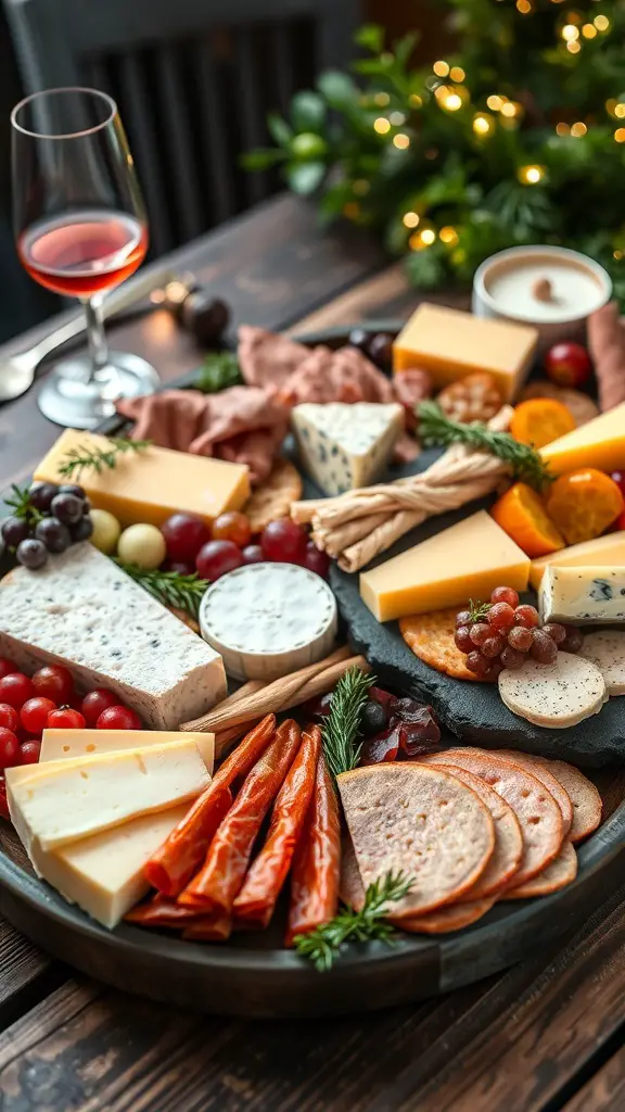 A beautifully arranged cheese and charcuterie board with various cheeses, cured meats, fruits, and nuts, set against a festive backdrop.