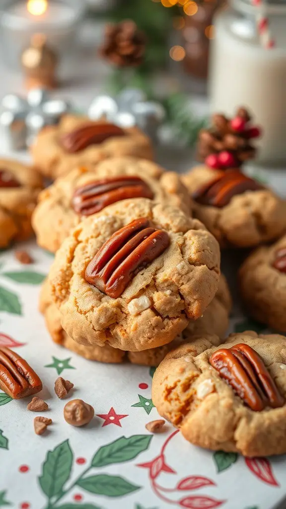 A close-up of caramel pecan cookies with a pecan on top, surrounded by holiday decorations.