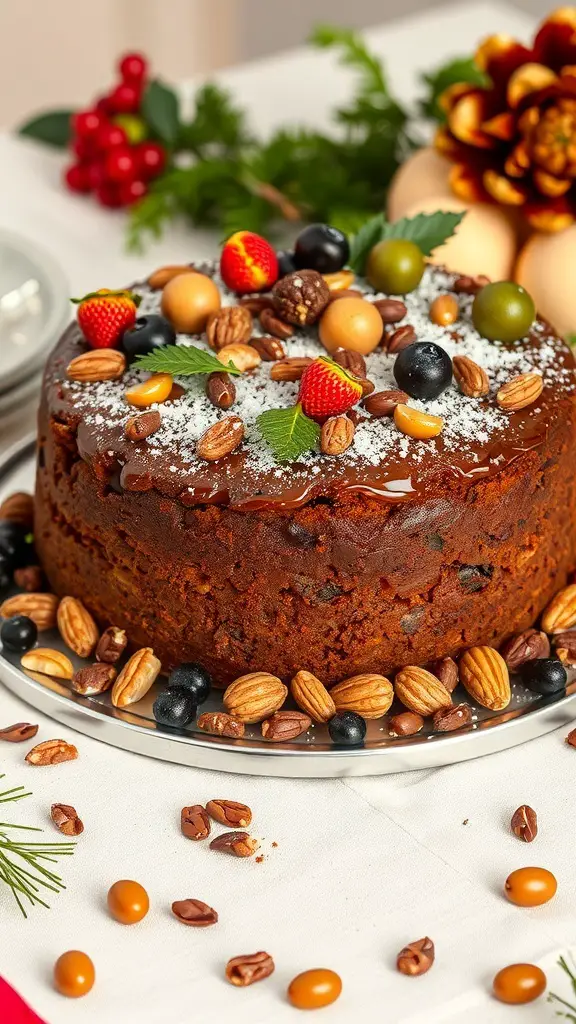 A beautifully decorated classic fruitcake topped with colorful fruits and nuts, surrounded by festive decorations.