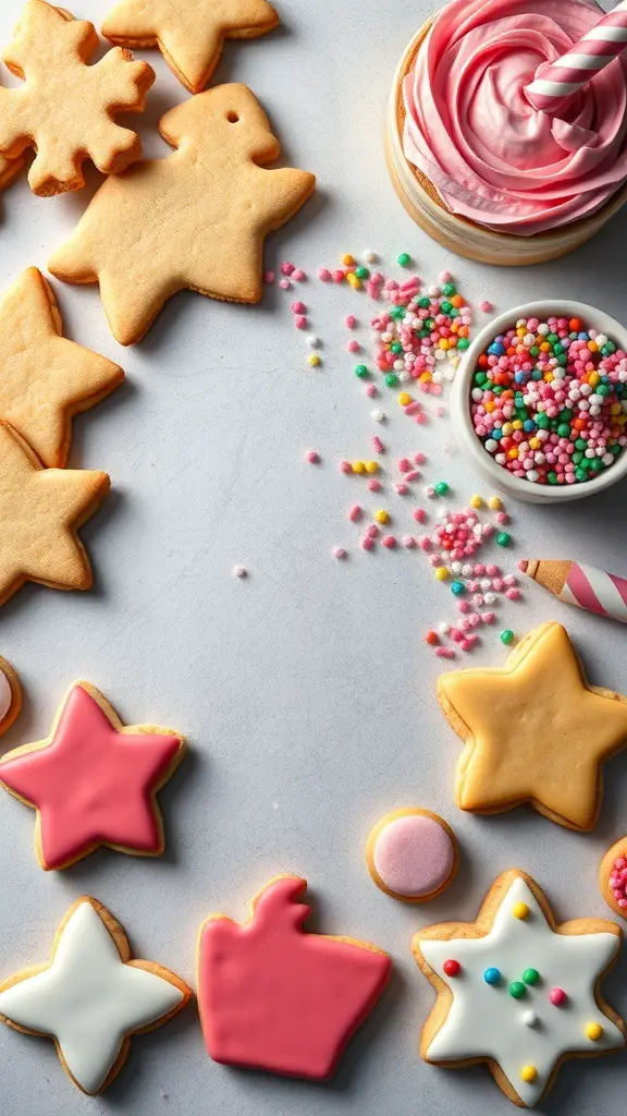 A decorated sugar cookie station with various cookies, icing, and sprinkles.