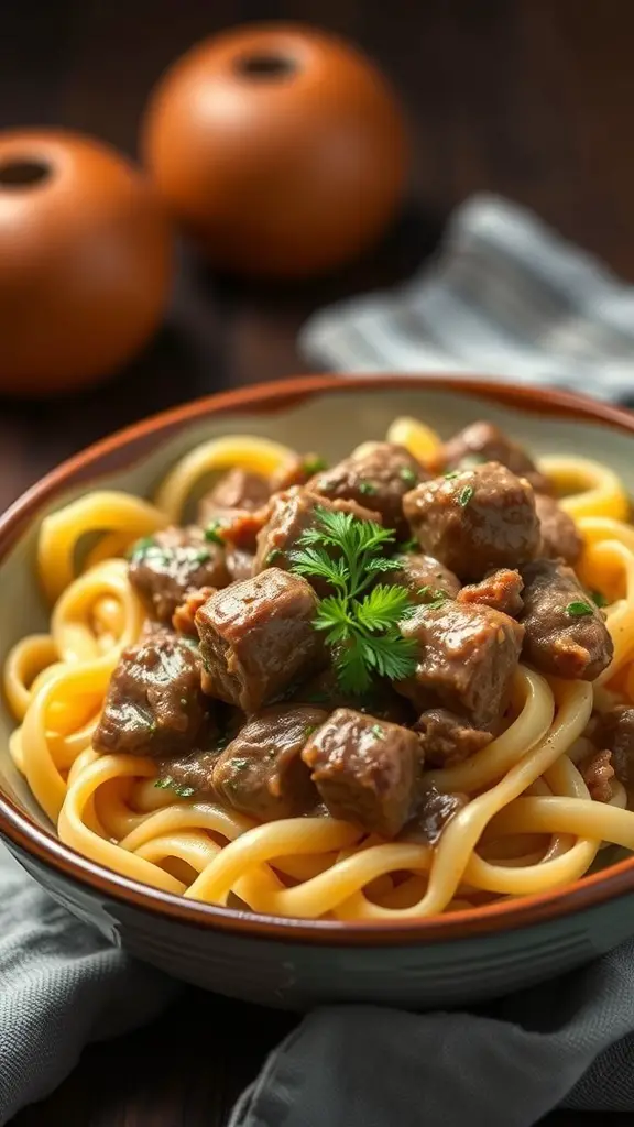 A bowl of beef stroganoff served over noodles, garnished with parsley.