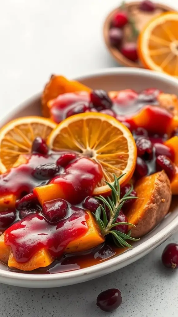 A plate of cranberry orange glazed sweet potatoes garnished with cranberries and orange slices.
