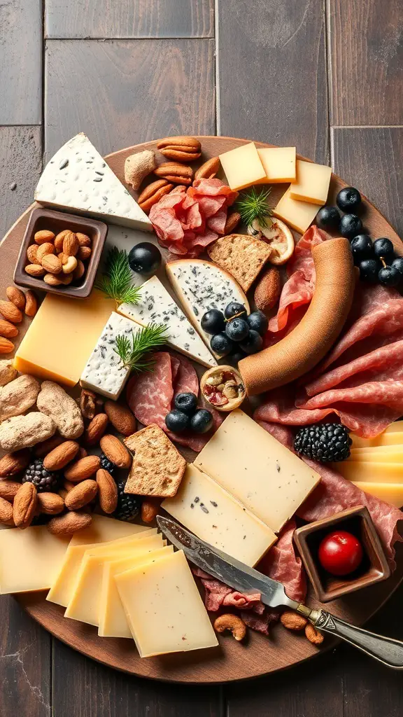 A festive cheese and charcuterie board featuring various cheeses, cured meats, nuts, and fruits.