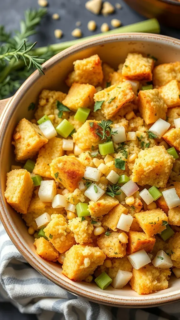 A bowl of classic cornbread stuffing with herbs and vegetables