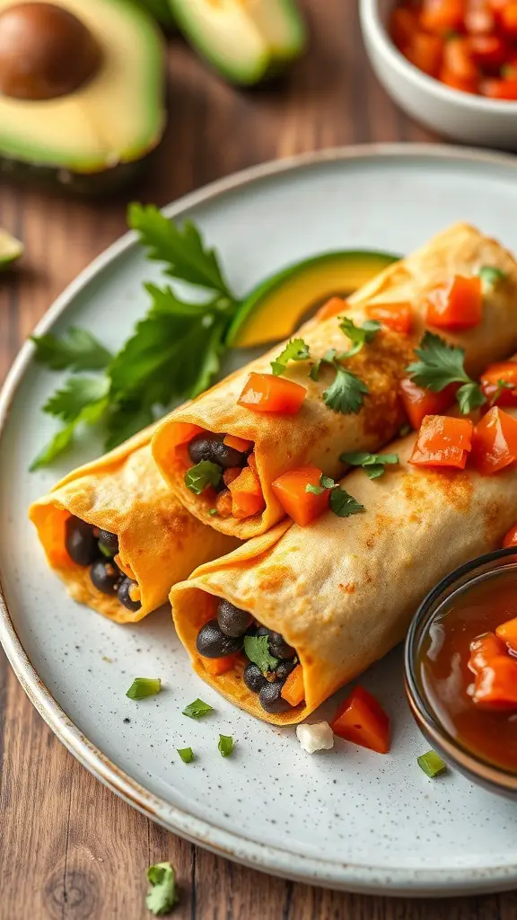 A plate of sweet potato and black bean taquitos garnished with fresh herbs and served with salsa.