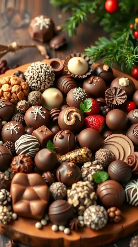 A beautifully arranged chocolate dessert board with various types of chocolates, nuts, and strawberries, decorated for the holiday season.