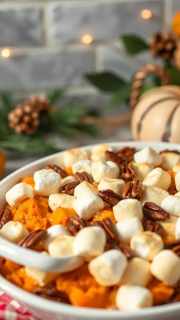 A close-up of a sweet potato casserole topped with marshmallows and pecans, set against a festive background.