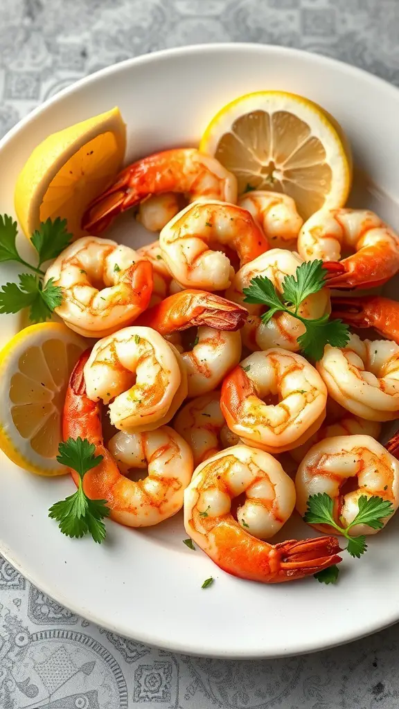 A plate of garlic parmesan roasted shrimp garnished with lemon slices and fresh herbs.