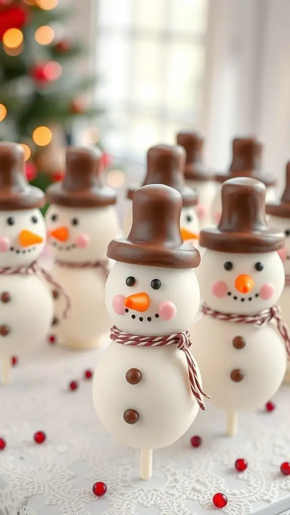 A group of snowman cake pops with hats, featuring cheerful faces and festive decorations.