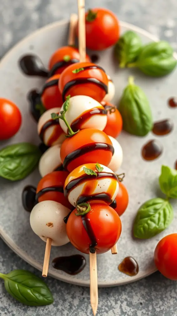 Mini Caprese skewers with cherry tomatoes, mozzarella, and basil drizzled with balsamic glaze on a plate.