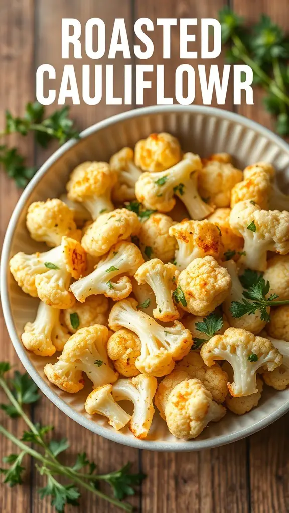 Bowl of roasted cauliflower florets seasoned with garlic and Parmesan cheese