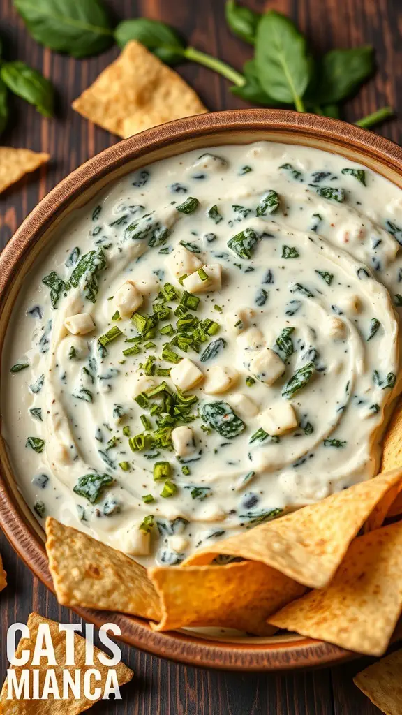 A bowl of creamy spinach and artichoke dip surrounded by tortilla chips.