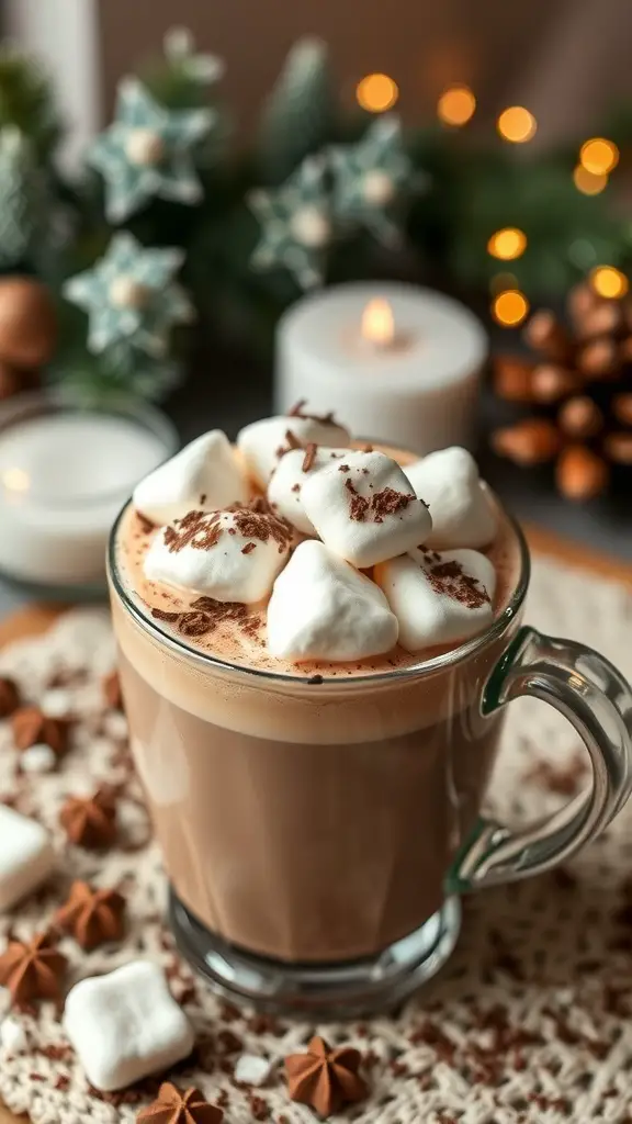 A cozy cup of hot chocolate topped with marshmallows, surrounded by festive decorations.