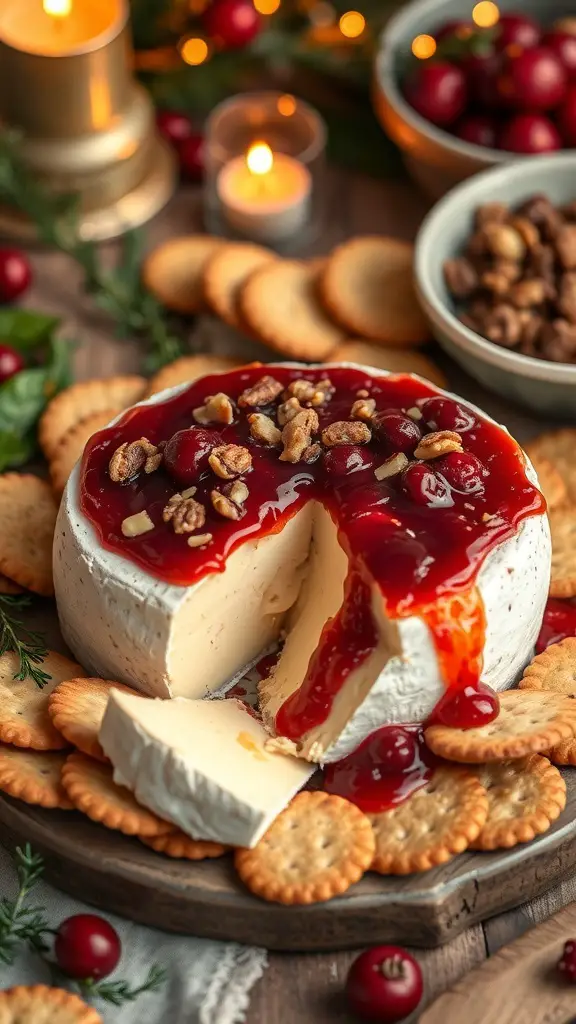 A baked Brie cheese topped with cranberry sauce and nuts, surrounded by crackers and festive decorations.