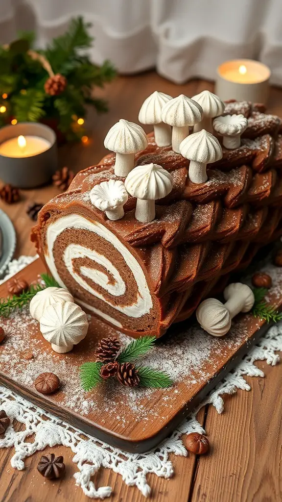 A beautifully decorated Yule Log Cake Roll with meringue mushrooms on top, set on a wooden platter with festive decorations.