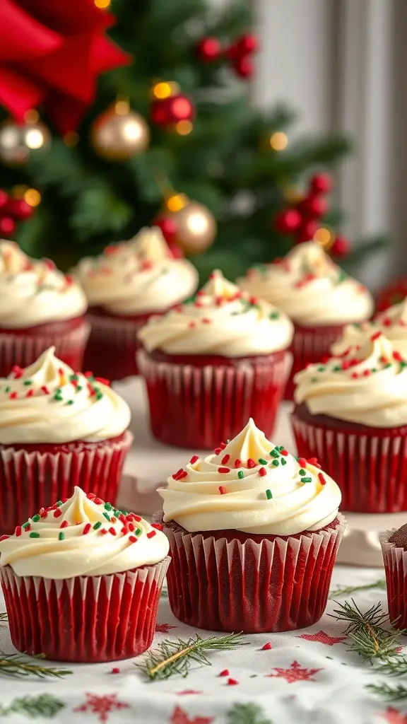 Red velvet holiday cupcakes with cream cheese frosting and festive sprinkles, set against a Christmas tree backdrop.