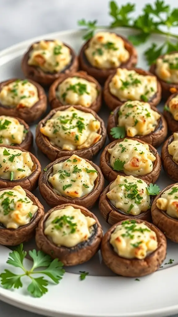 A platter of savory stuffed mushrooms topped with parsley.
