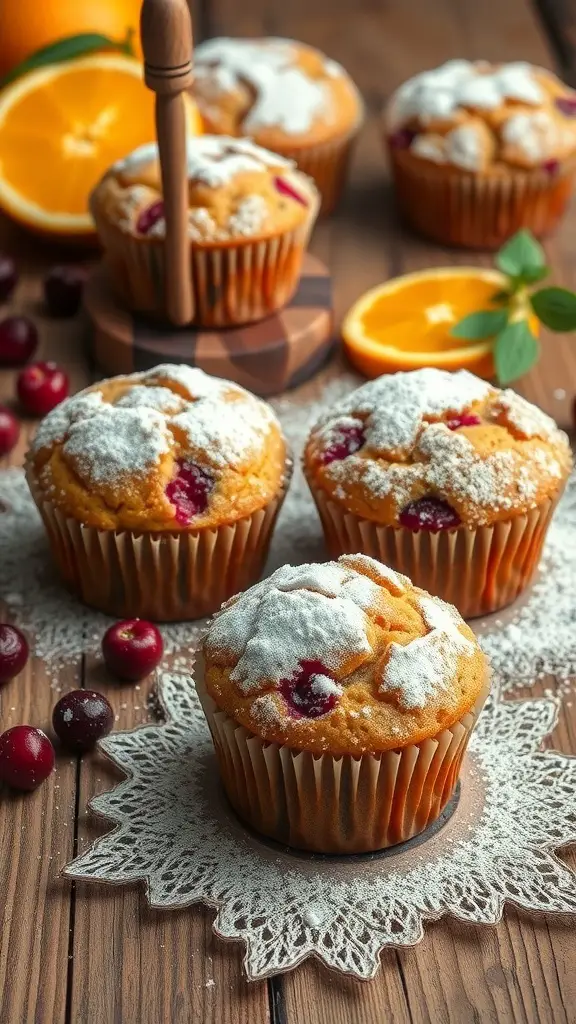 Cranberry orange muffins with powdered sugar on top, surrounded by fresh cranberries and orange slices.