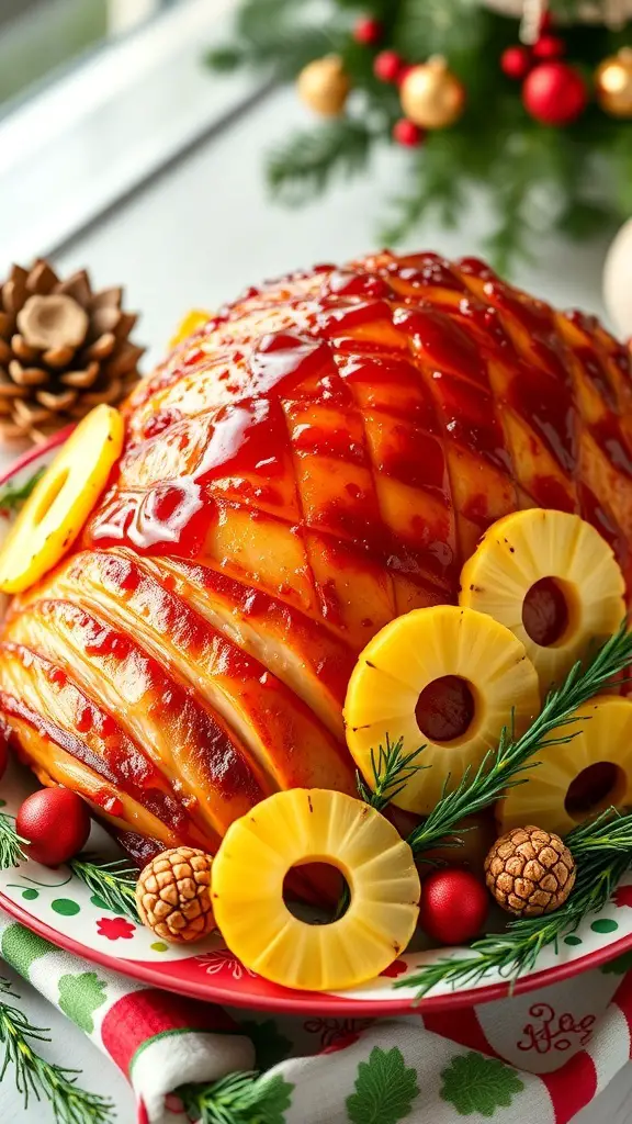 Honey glazed ham with pineapple slices on a festive plate, surrounded by holiday decorations.