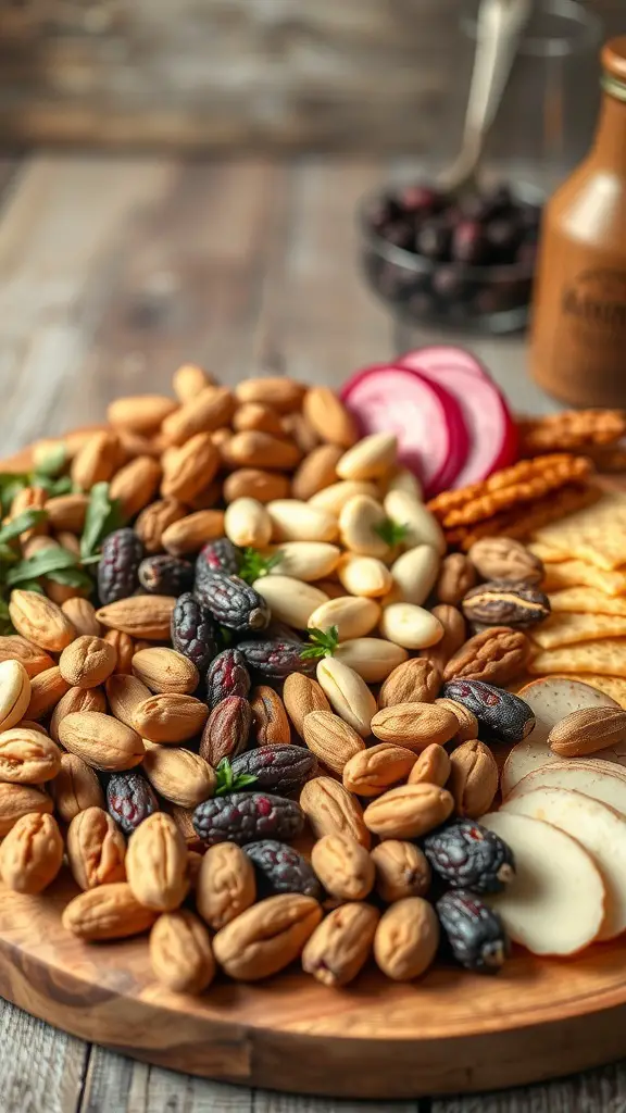 A wooden platter filled with a variety of nuts and dried fruits, showcasing almonds, pistachios, cashews, dried apricots, cranberries, and figs.