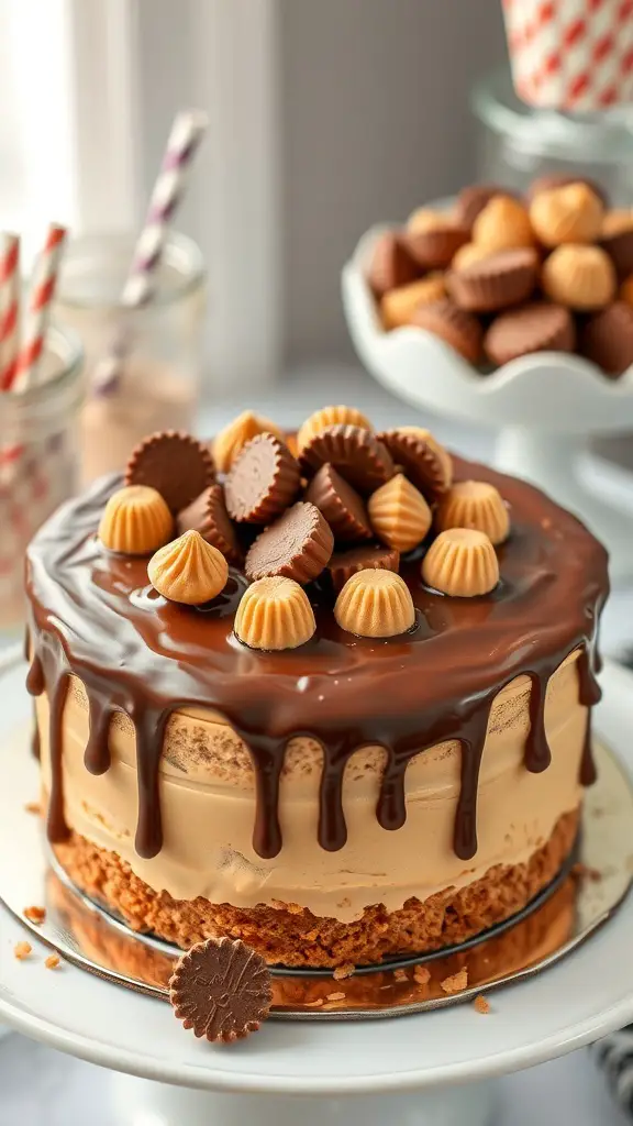 A delicious Peanut Butter Cup Cake topped with chocolate ganache and mini peanut butter cups.