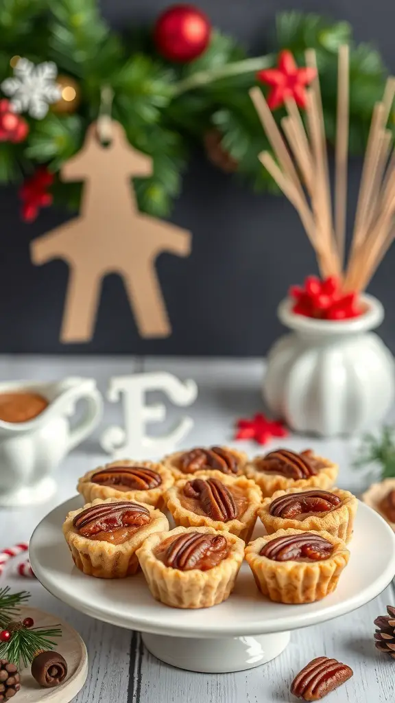 A plate of pecan pie bites decorated for a Christmas tea party