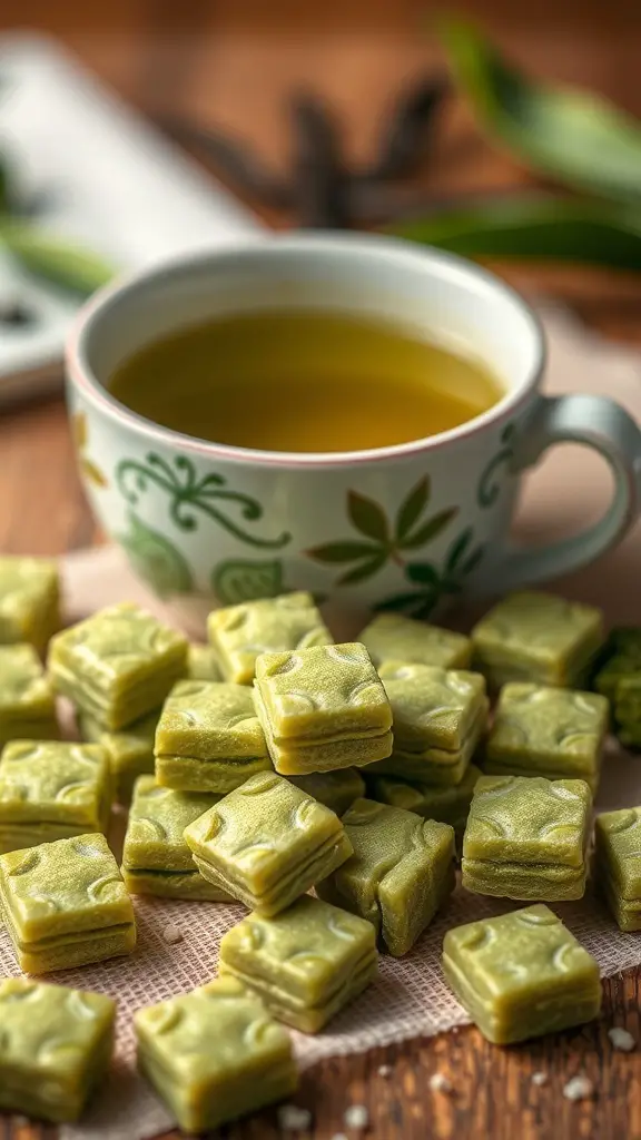 A collection of matcha green tea hard candies next to a cup of green tea.