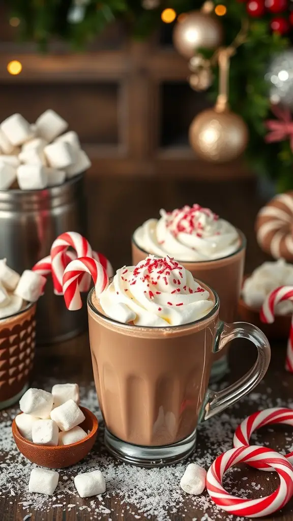 A festive hot chocolate bar with mugs of hot chocolate, whipped cream, candy canes, and marshmallows.