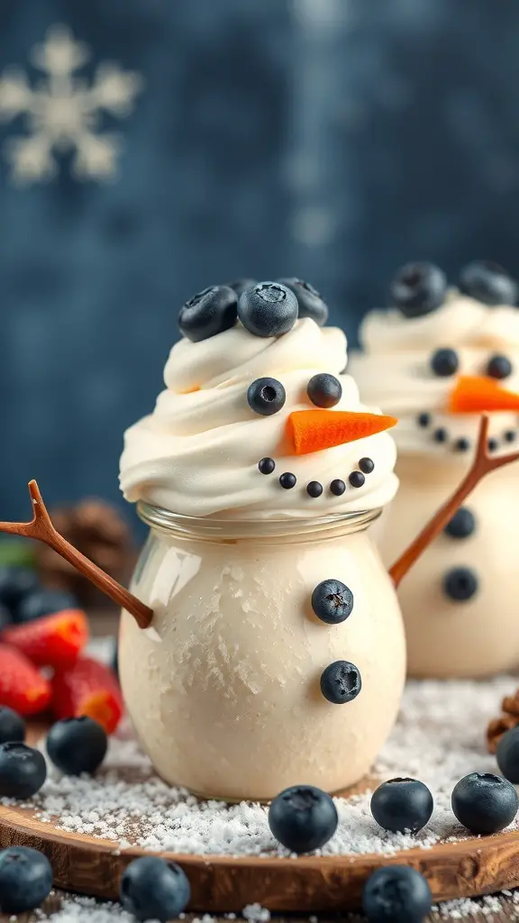 Frosty the Snowman Fruit Cups with blueberries, whipped cream, and pretzel arms