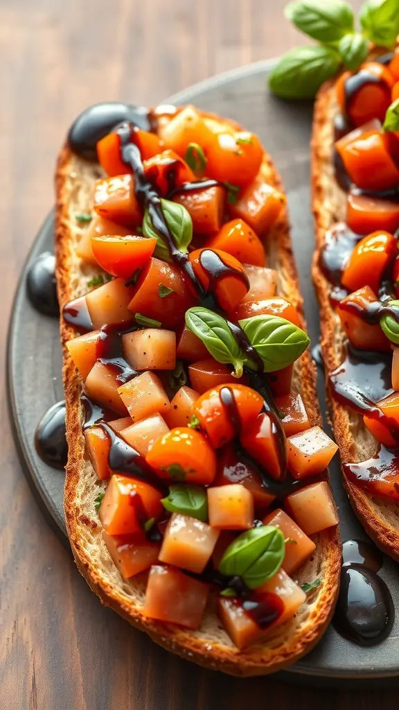 Bruschetta topped with diced tomatoes and basil on toasted bread, drizzled with balsamic reduction.