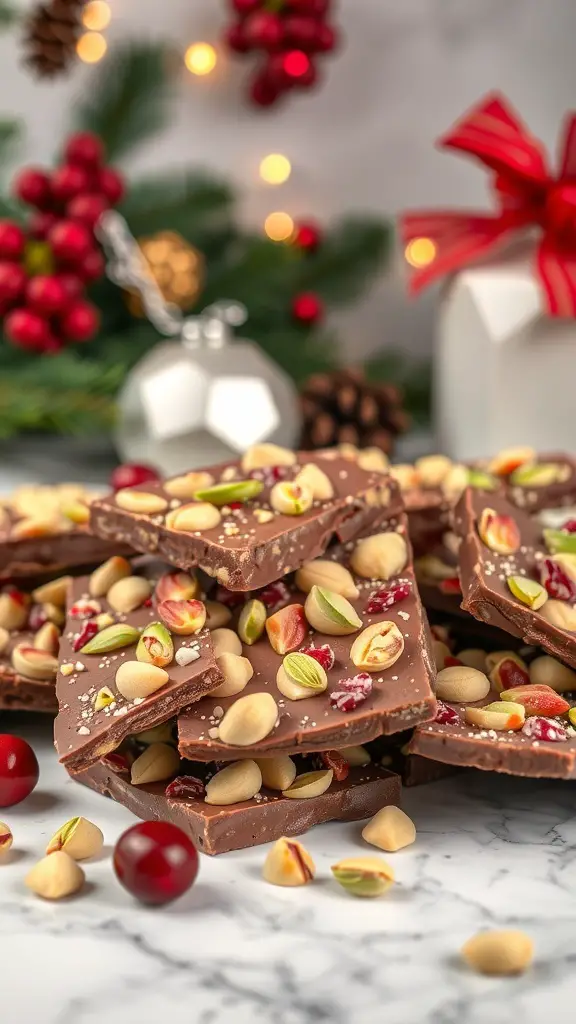 A festive display of cranberry pistachio chocolate bark with holiday decorations in the background.