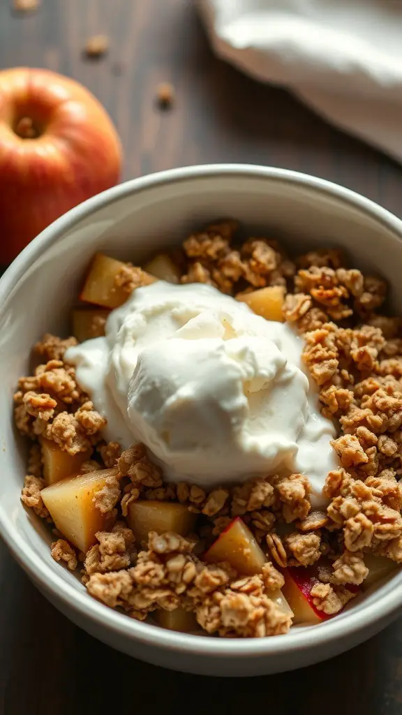 A bowl of apple crisp with oat topping and a scoop of ice cream on top, with a fresh apple beside it.