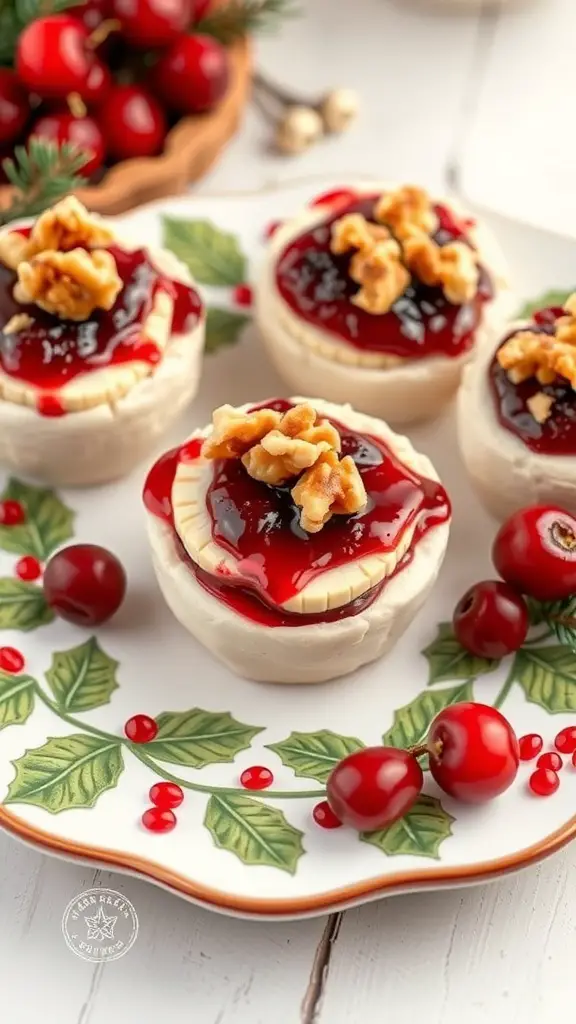 A plate of cranberry brie bites topped with walnuts, surrounded by fresh cranberries and festive decorations.