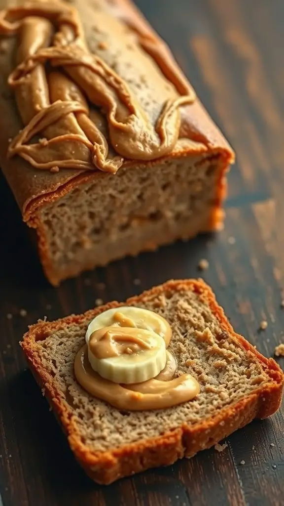 A loaf of peanut butter banana bread with a slice topped with peanut butter and banana slices.
