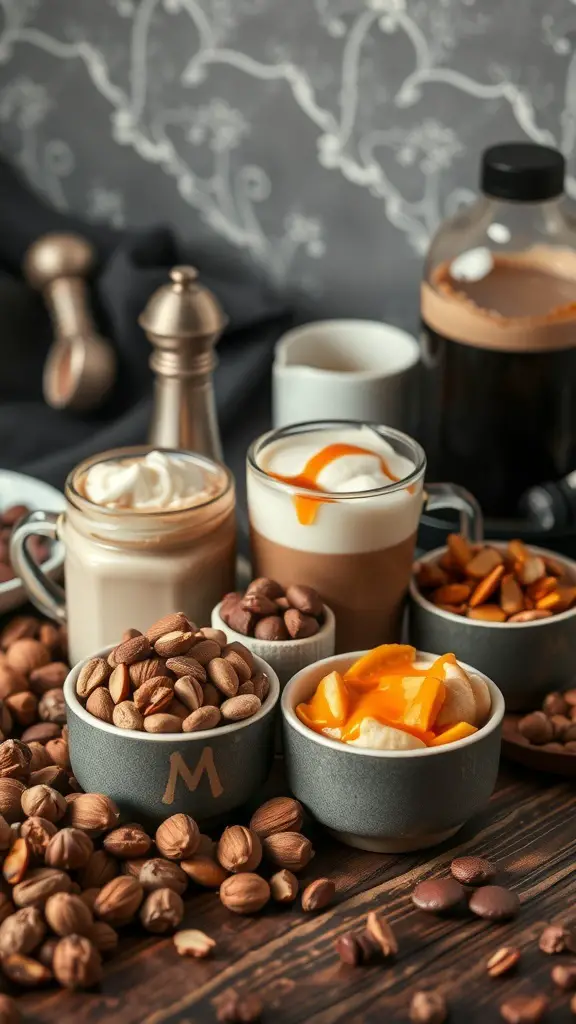 A variety of nuts and sweet toppings arranged on a wooden table, perfect for a Christmas coffee bar.
