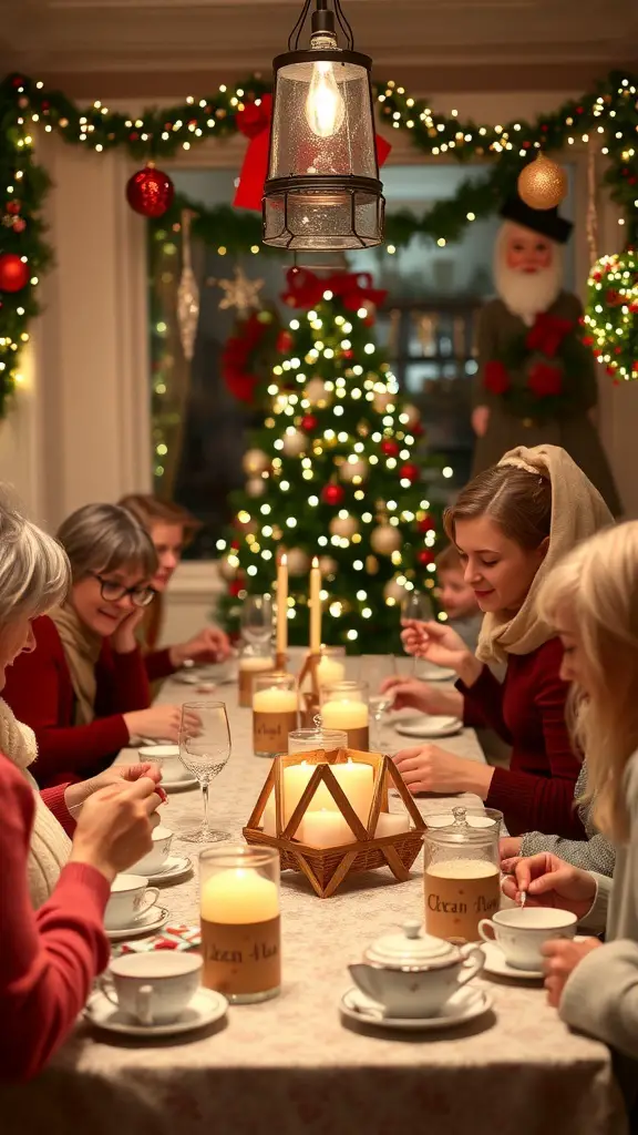 A cozy Christmas tea party with guests enjoying tea and treats around a beautifully decorated table.