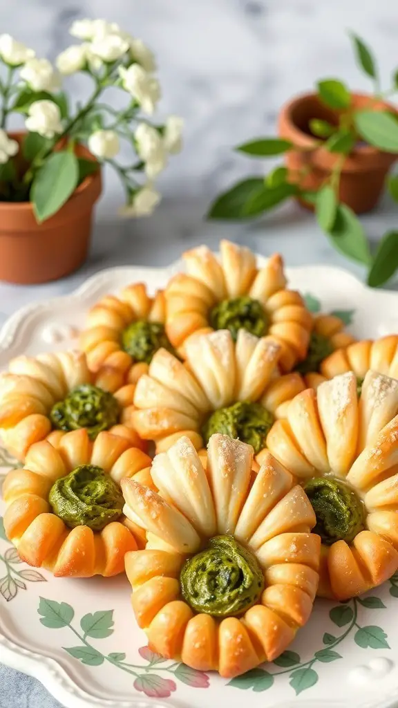 A plate of savory palmiers with pesto, shaped like flowers, surrounded by small potted plants.